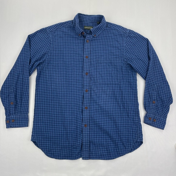 Orvis Flannel Shirt Men’s L Blue Check Plaid Long Sleeve Button Up 100% Cotton - Picture 1 of 7